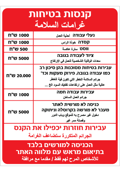 תמונה של שלט - קנסות בטיחות - עברית ערבית