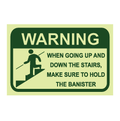תמונה של שלט פולט אור - זהירות יש להקפיד ולאחוז במעקה בעת עלייה או ירידה במדרגות - אנגלית
