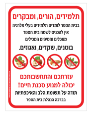 שלט לבתי ספר - בעלי אלרגיה למוצרים המכילים בוטנים, אגוזים ושקדים - שלט אורכי