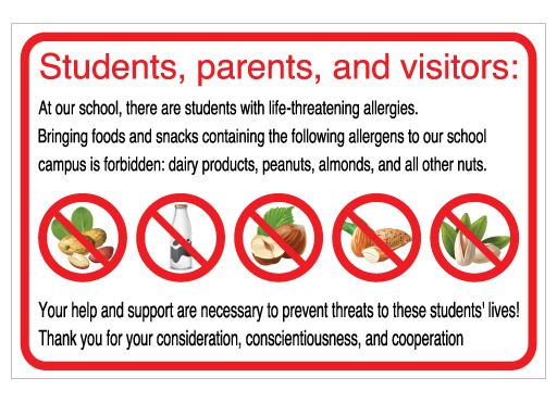 תמונה של שלט לבתי ספר - בעלי אלרגיה למוצרים המכילים בוטנים, אגוזים, שקדים ומוצרי חלב - אנגלית