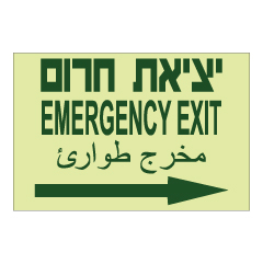 תמונה של שלט פולט אור - יציאת חירום וחץ הכוונה ימינה - עברית, אנגלית וערבית