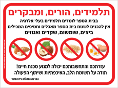 שלט לבתי ספר - בעלי אלרגיה למוצרים המכילים ביצים, שומשום, שקדים ואגוזים