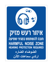 שלט - איזור רעש מזיק - חובה להשתמש במגיני שמיעה - עברית אנגלית  וערבית