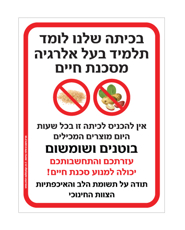 שלט - בכיתה שלנו לומד תלמיד בעל אלרגיה מסכנת חיים למוצרים המכילים בוטנים ושומשום