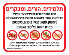 שלט לבתי ספר - בעלי אלרגיה למוצרים המכילים פיסטוק, פקאן, קשיו, שומשום, ממרח חומוס וכל סוגי האגוזים