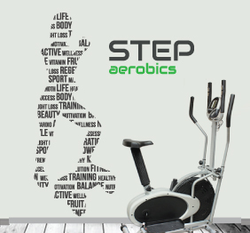 מדבקת קיר לחדר כושר - step aerobics  ומתעמלת בטיפוגרפיה