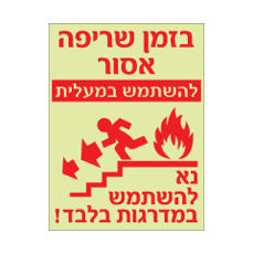 שלט פולט אור - בזמן שריפה אסור להשתמש במעלית - נא להשתמש במדרגות בלבד
