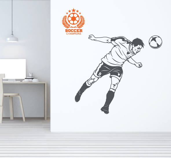מדבקת קיר - שחקן כדורגל בנגיחה באויר - כולל סמל