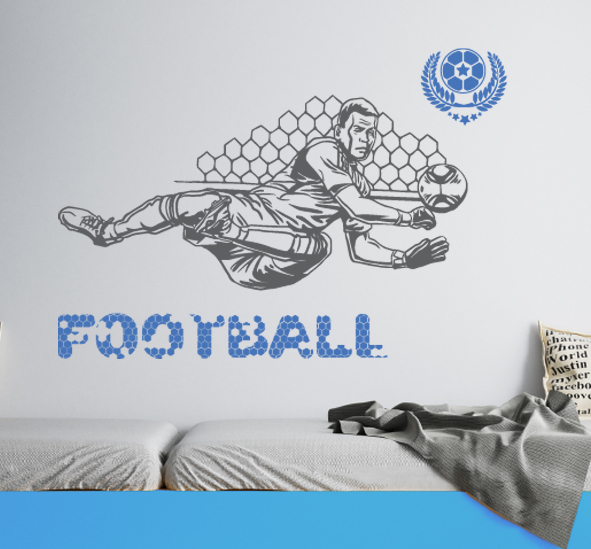 מדבקת קיר - שוער כדורגל מזנק לפינה - כולל טקסט וסמל
