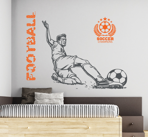 מדבקת קיר - שחקן כדורגל בעצירת כדור - כולל טקסט וסמל