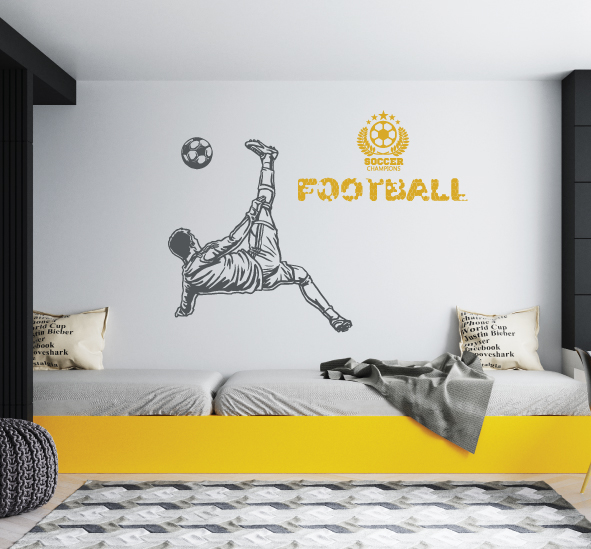 מדבקת קיר - שחקן כדורגל במספרת אחורית - כולל טקסט וסמל