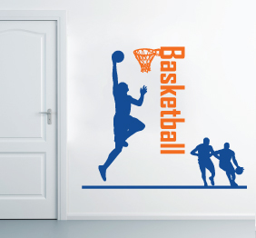 מדבקת קיר - שחקני כדורסל טקסט וסל