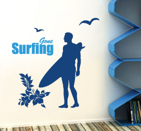 מדבקת קיר : גולש שחפים ופרחי הוואי