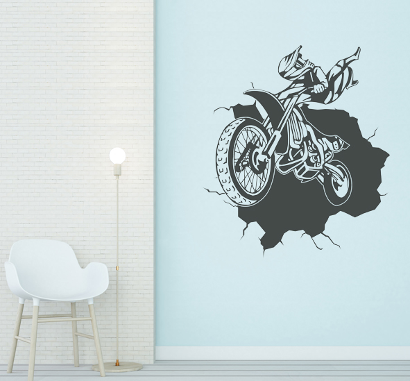 מדבקת קיר - אופנוע שטח מתפרץ מהקיר