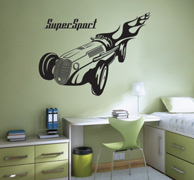 מדבקת קיר - רכב רטרו ולהבות בשילוב טקסט