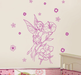 מדבקת קיר - טינקרבל ופרחים בתפזורת