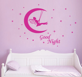 מדבקת קיר - לילה טוב בשילוב פייה מתנדנדת על ירח