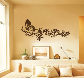 מדבקת קיר - פרפר וענף פרחוני
