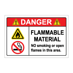 שלט DANGER Flammable Material | No Smoking or Open Flames | אוריון עיצובים שלטי בטיחות