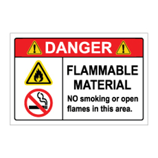 שלט DANGER Flammable Material | No Smoking or Open Flames | אוריון עיצובים שלטי בטיחות