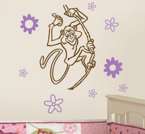 מדבקת קיר - קוף על חבל, ופרחים.