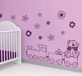 מדבקת קיר - רכבת דובי ופרחים