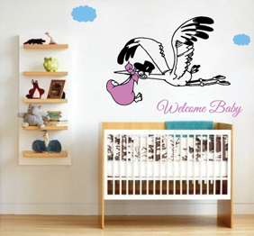 מדבקת קיר - חסידה ותינוק