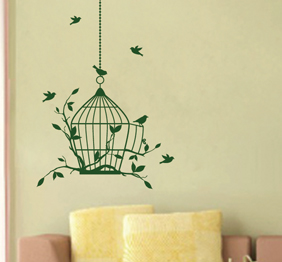 מדבקת קיר - כלוב וציפורים עפות