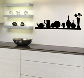 מדבקת קיר - מדף, כלי מטבח ועציץ