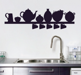 מדבקת קיר - מדף, כוסות ואגרטלים