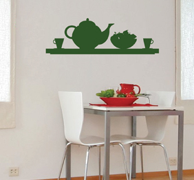 מדבקת קיר - מדף, כלי חרס וסלסלה