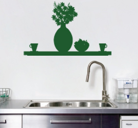 מדבקת קיר - מדף, פרחים וכוסות