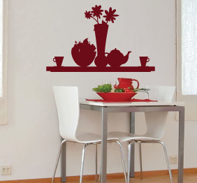 מדבקת קיר - מדף, פרחים קומקום ועציץ