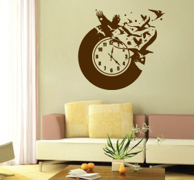 מדבקת קיר - שעון וציפורים עפות