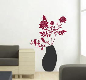 מדבקת קיר - אגרטל פרחים וזוג ציפורים