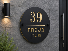 שלט אקריל לבית פרטי בעיצוב אישי - רקע זהב מראה | שלט מספר בית ושם משפחה | אוריון עיצובים