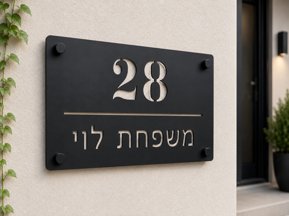 שלט אקריל לכניסה לבית עם מספר בית ושם משפחה | אוריון שלטי בטיחות