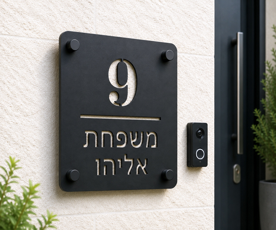 שלט אקרילי לכניסה לבית עם מספר בית ושם משפחה | אוריון שלטי בטיחות