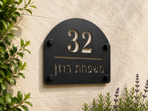 שלט אקריל חיצוני לכניסה לבית עם מספר בית ושם משפחה | אוריון שלטי בטיחות