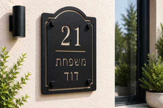 שלט אקרילי חיצוני לכניסה לבית עם מספר בית ושם משפחה | אוריון שלטי בטיחות