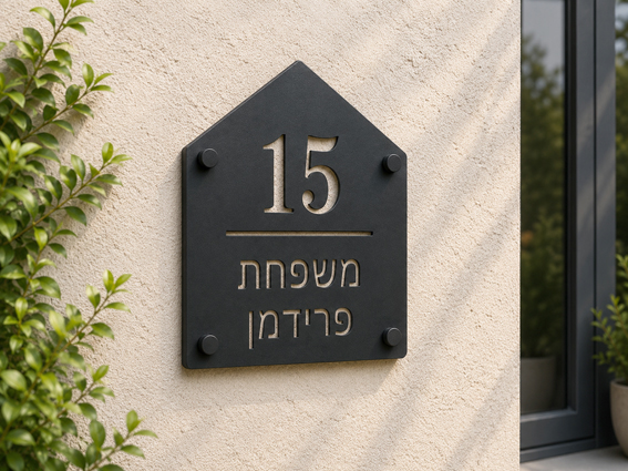 שלט אקרילי לכניסה לבית עם מספר בית ושם משפחה | אוריון שלטי בטיחות