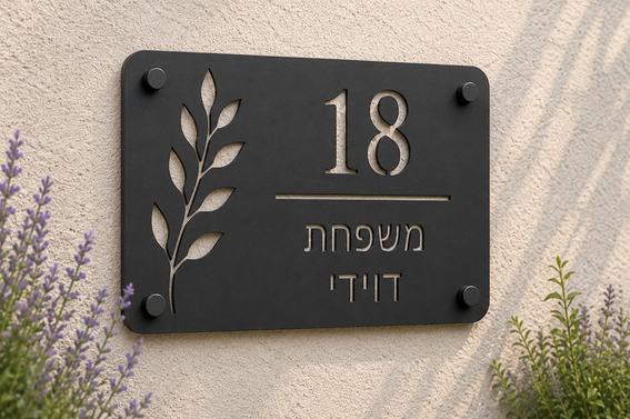 שלט אקרילי לכניסה לבית עם מספר בית ושם משפחה - דגם דוידי | אוריון שלטי בטיחות