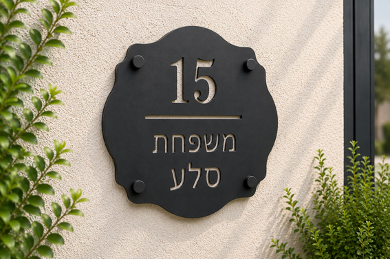 שלט אקרילי לכניסה לבית עם מספר בית ושם משפחה - דגם סלע | אוריון שלטי בטיחות