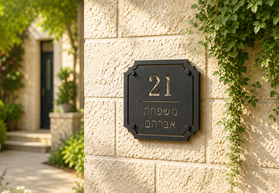 שלט אקריל חיצוני לכניסה לבית עם מספר בית ושם משפחה - דגם אברהם | אוריון שלטי בטיחות